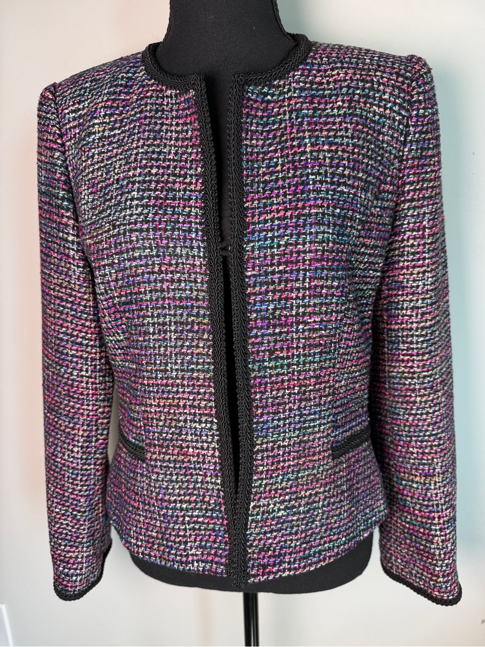 Donna Morgan Multicolor Silk Tweed Cropped Blazer Boucle Jacket Sz 6